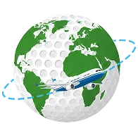 Ein weißer Golfball mit grünen Kontinenten, der einer Weltkugel ähnelt, um den ein blau-weißes Flugzeug fliegt, das eine blau gepunktete Spur hinterlässt.