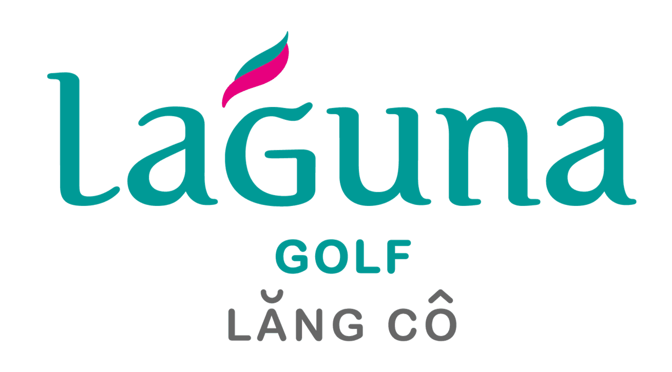Logo für Laguna Golf Lăng Cô, mit Laguna in blaugrünen Buchstaben, einem rosafarbenen und blaugrünen Blatt über dem g und GOLF LĂNG CÔ darunter in blaugrün und grau - perfekt für Golf- und Reisebegeisterte gleichermaßen.