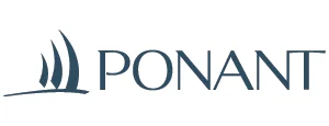 Das Ponant-Logo besteht aus drei stilisierten Segelformen auf der linken Seite, gefolgt von dem Wort PONANT in eleganten Großbuchstaben. Das gedämpfte blaue Design vermittelt ein Gefühl von raffinierten Reisen und Abenteuern und spricht damit Golf- und Reisebegeisterte gleichermaßen an.