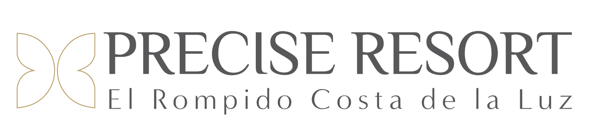 Logo für das Precise Resort El Rompido Costa de la Luz, mit stilisierten Schmetterlingsflügeln auf der linken Seite und elegantem grauen Text auf weißem Hintergrund - perfekt für Golf- und Reiseliebhaber, die eine raffinierte Flucht suchen.