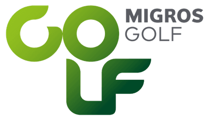 Logo für Migros Golf and Travel mit dem Wort GOLF in fetten, stilisierten grünen Verlaufsbuchstaben und MIGROS in kleinerer grauer Schrift oben rechts.