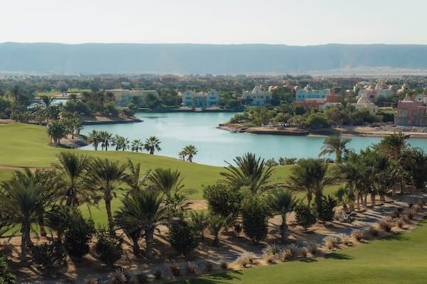 Ein üppig grüner Golfplatz mit Palmen liegt an einem blauen See, im Hintergrund erheben sich pastellfarbene Villen und ferne Berge unter einem klaren Himmel – eine ideale Kulisse, die an einen Erfahrungsbericht über eine Golfreise nach Ägypten erinnert, bei der Golfer atemberaubende Landschaften und unvergessliche Erlebnisse genießen.