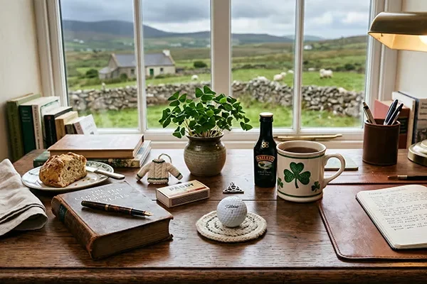 Ein gemütlicher Schreibtisch am Fenster mit Blick auf eine grüne Landschaft weckt Erinnerungen an eine Golfreise nach Irland. Auf dem Schreibtisch liegen Bücher, eine Pflanze, Tee, Brot, ein Golfball und ein aufgeschlagenes Notizbuch mit Schrift - ein friedlicher, einladender Arbeitsplatz.
