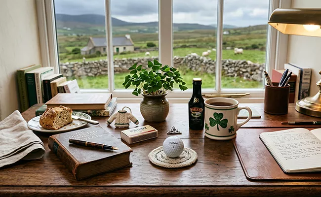 Ein gemütlicher Schreibtisch am Fenster mit Blick auf eine grüne Landschaft weckt Erinnerungen an eine Golfreise nach Irland. Auf dem Schreibtisch liegen Bücher, eine Pflanze, Tee, Brot, ein Golfball und ein aufgeschlagenes Notizbuch mit Schrift - ein friedlicher, einladender Arbeitsplatz.