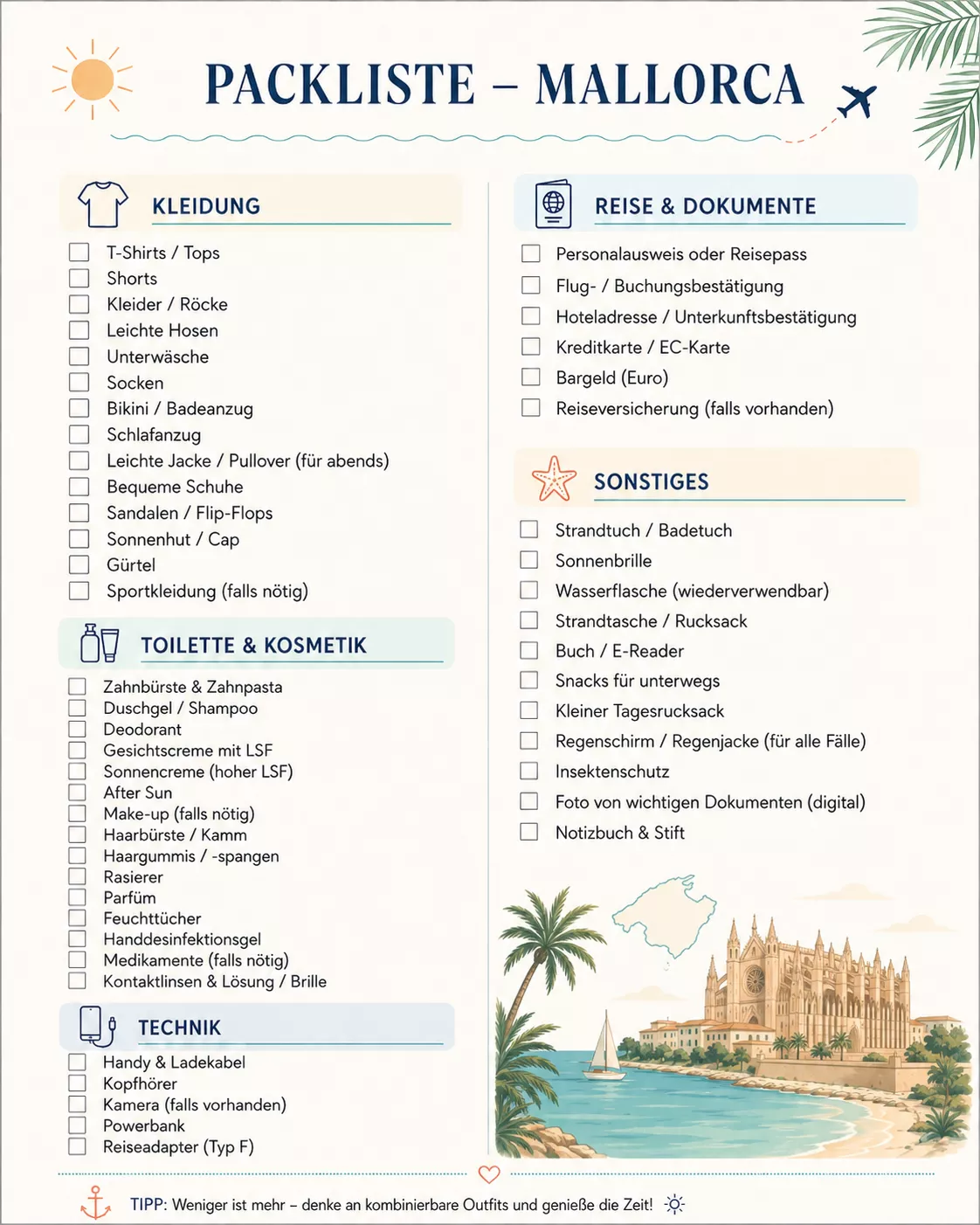 Packliste Golfreise Mallorca: Packliste für Mallorca mit vier Abschnitten - Kleidung, Toilettenartikel & Kosmetik, Reise & Dokumente und Sonstiges. Illustriert mit Ikonen, Palmen, einer Sonne und einem Bild der Kathedrale von Mallorca am unteren Rand.