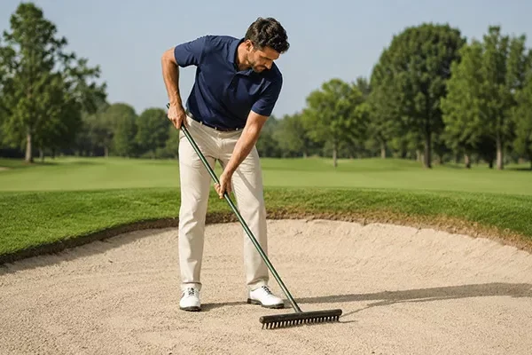 golf-etikette-regeln Ein Mann in einem marineblauen Polohemd und einer beigen Hose glättet mit einer Harke den Sand in einem Bunker auf einem Golfplatz, der an einem sonnigen Tag von grünem Gras und Bäumen umgeben ist.