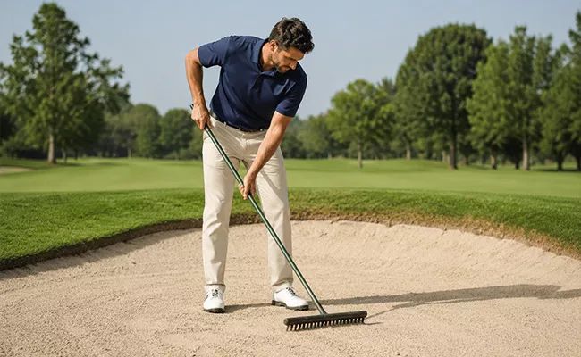 Ein Mann in einem marineblauen Polohemd und einer beigen Hose glättet mit einer Harke den Sand in einem Bunker auf einem Golfplatz, der an einem sonnigen Tag von grünem Gras und Bäumen umgeben ist.