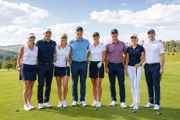 golf-rundreise Acht Personen in Golfkleidung stehen zusammen auf einem üppigen grünen Platz und lächeln während ihrer Golf-Rundreise in die Kamera. Hinter ihnen liegen sanfte Hügel und ein teilweise bewölkter Himmel. Einige halten stolz Golfschläger in der Hand.