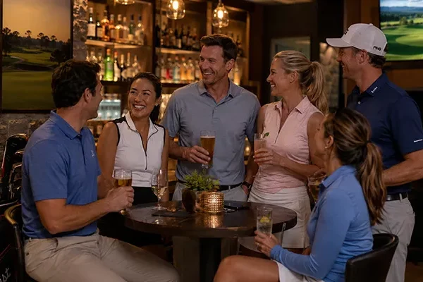 golf-singlereise Sechs Personen in Golfkleidung stehen und sitzen um einen kleinen Tisch in einer Bar, lachen und halten Getränke in der Hand. Im Hintergrund sind Golftaschen und ein Fernseher mit einem Golfplatz zu sehen. Die Atmosphäre wirkt entspannt und freundlich.