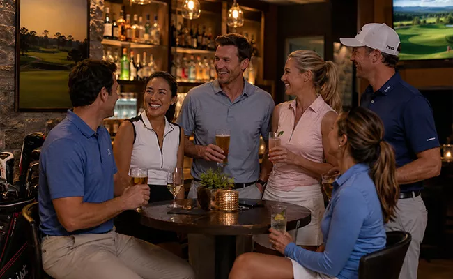 golf-singlereise Sechs Personen in Golfkleidung stehen und sitzen um einen kleinen Tisch in einer Bar, lachen und halten Getränke in der Hand. Im Hintergrund sind Golftaschen und ein Fernseher mit einem Golfplatz zu sehen. Die Atmosphäre wirkt entspannt und freundlich.