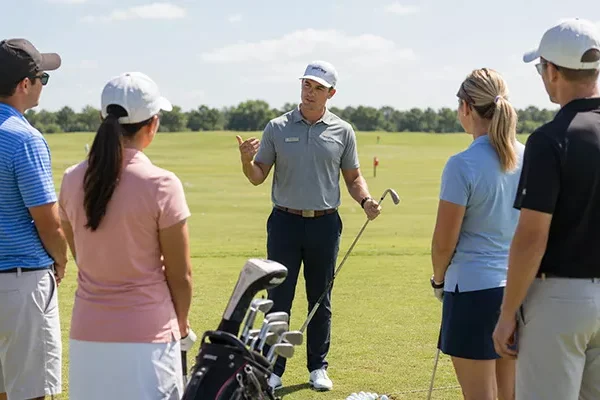 golf-trainingsreise Ein Golflehrer steht auf einem Golfplatz und spricht zu vier Erwachsenen, die aufmerksam zuhören. Golfschläger in einer Tasche und Golfbälle liegen in der Nähe, und die Gruppe ist unter einem sonnigen Himmel sportlich gekleidet.