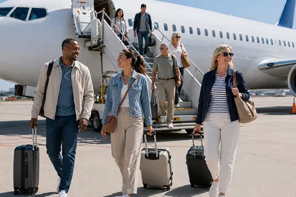 golfreise-mit-greenfee-und-flug Eine Gruppe von Menschen mit Koffern verlässt ein geparktes Flugzeug, nachdem sie über eine Treppe ausgestiegen sind. Die glücklichen Passagiere scheinen bereit für ihre Golfreise inkl. Greenfee und Flug und freuen sich darauf, ihr Golfabenteuer am Zielort zu beginnen.