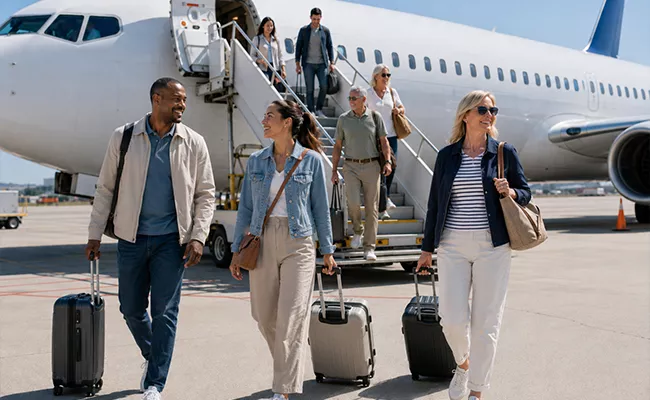 Eine Gruppe von Menschen mit Koffern verlässt ein geparktes Flugzeug, nachdem sie über eine Treppe ausgestiegen sind. Die glücklichen Passagiere scheinen bereit für ihre Golfreise inkl. Greenfee und Flug und freuen sich darauf, ihr Golfabenteuer am Zielort zu beginnen.