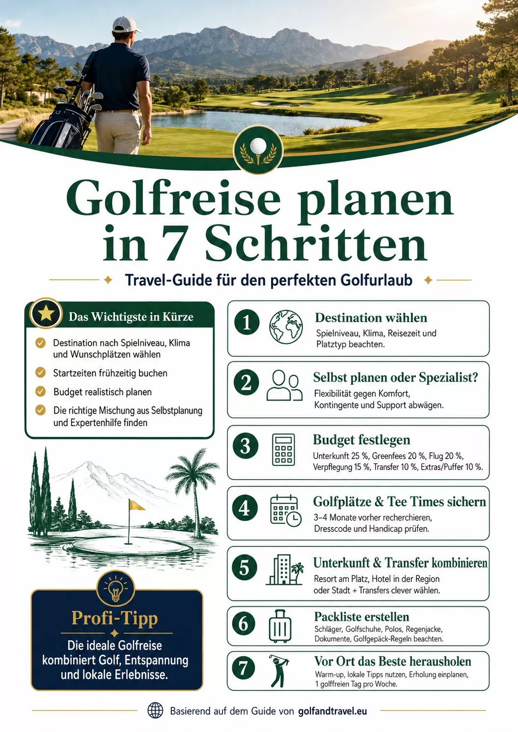Infografik mit 7 Schritten, um deine Golfreise zu planen: Symbole, Tipps zu Zielen, Selbstplanung, Kosten, Spielkomfort, Anreise und Zusatzleistungen - alles vor einer malerischen Golfplatz-Kulisse mit Bergen im Hintergrund.