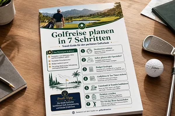 guide-golfreise-planen Eine Broschüre mit dem Titel Golfreise planen in 7 Schritten liegt auf einem Tisch mit einem Golfschläger, einem Golfball, einem Notizbuch, einem Stift und einer Brille. Der Leitfaden "Golfreise planen" enthält Schritte zur Organisation Ihrer Reise sowie Bilder eines atemberaubenden Golfplatzes und eines Golfspielers.