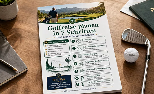 Eine Broschüre mit dem Titel Golfreise planen in 7 Schritten liegt auf einem Tisch mit einem Golfschläger, einem Golfball, einem Notizbuch, einem Stift und einer Brille. Der Leitfaden "Golfreise planen" enthält Schritte zur Organisation Ihrer Reise sowie Bilder eines atemberaubenden Golfplatzes und eines Golfspielers.
