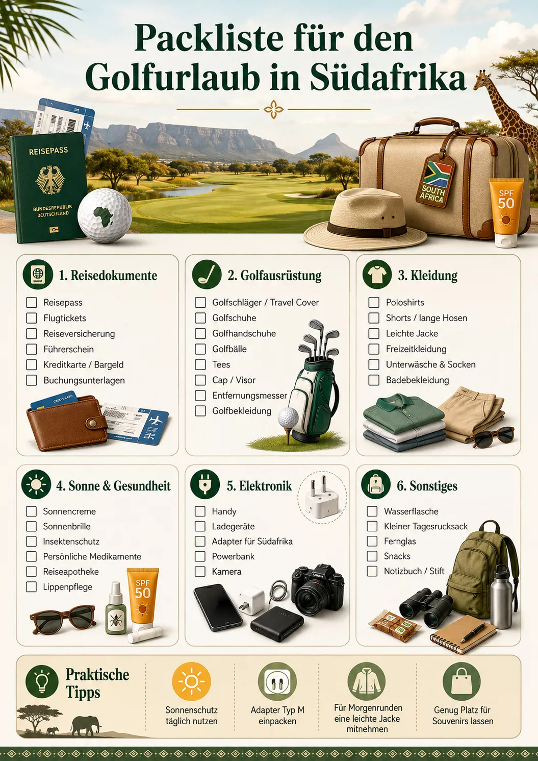 Packliste für einen Golfurlaub in Südafrika, mit Bildern für Dokumente, Golfausrüstung, Kleidung, Sonnenschutzmittel, Gesundheitsartikel, Elektronik, Schuhe, Snacks und Reisetipps, die alle rund um eine Golftasche und eine Reisetasche angeordnet sind.