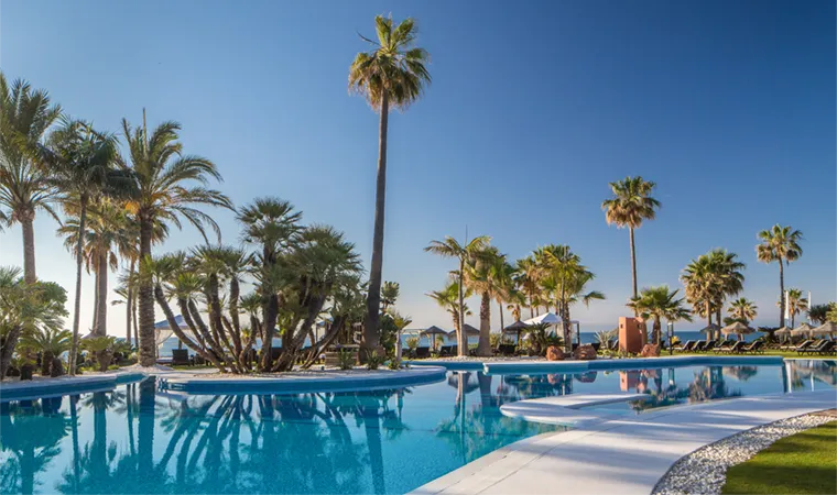 Der kristallklare, blaue Außenpool im Melia Hacienda del Conde ist von Palmen und Liegestühlen umgeben und liegt unter strahlend blauem Himmel, während im Hintergrund das Meer zu sehen ist.