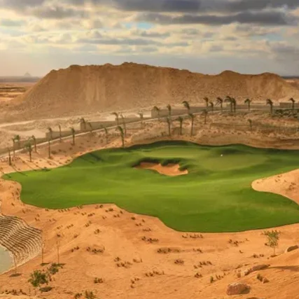 New-Giza-Golfcourse Inmitten einer sandigen Wüstenlandschaft sticht ein üppig grüner Golfplatz hervor, dessen Fairway von Palmen gesäumt ist. Im Hintergrund sind unter einem teilweise bewölkten Himmel die Pyramiden schemenhaft zu erkennen – ein exotischer Kontrast zu jeder Golfrundreise durch Irland.