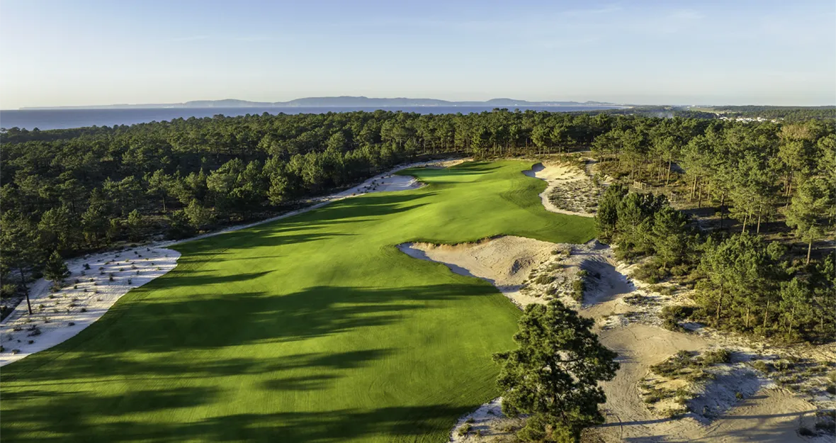 Luftaufnahme eines üppig grünen Golfplatzes, umgeben von dichtem Wald und Sandbunkern, vor dem Hintergrund ferner Berge und eines blauen Himmels – perfekt für eine Irland-Rundreise entlang der Ostküste.