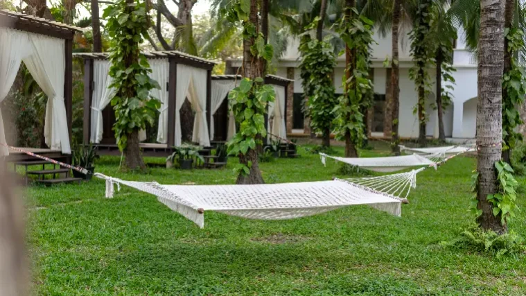Zwischen Palmen auf grünem Rasen hängen weiße Hängematten, im Hintergrund sind Cabanas und hohe Pflanzen zu sehen. Eine friedliche, tropische Umgebung im Freien – ideal zum Entspannen nach einem Abenteuer auf der Golfrundreise durch Irland.